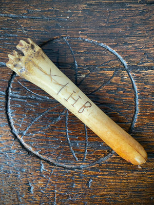 Antique 18th Century Initialled Folk Art Bone Apple Corer With Protective Markings