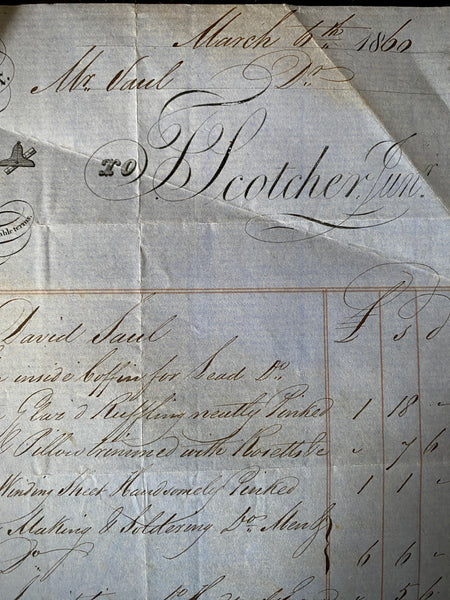 Antique 19th Century Undertaker & Coffin Makers Receipt Ephemera Dated 1860