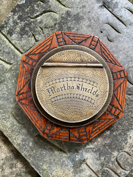Exceptional Antique Early 19th Century Treen & Brass Folk Art Snuff Box Named ‘Martha Shields’ - Source Vintage