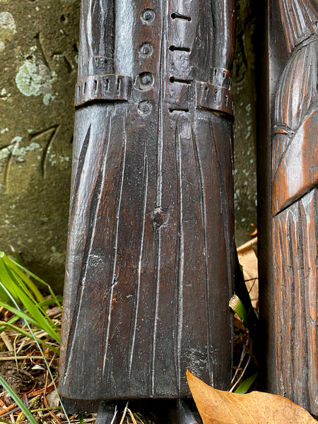 Utterly Charming Pair Antique Folky Carved Wooden Caryatid Figures