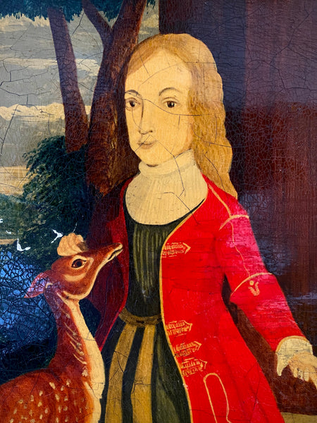 Naive Folk Art Oil Painting Child Holding A Deer By Leslie Stafford (1949–2024)