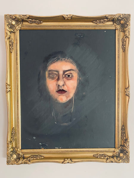 Creepy Framed Vintage Portrait Painting Of A Woman London Art School - Source Vintage