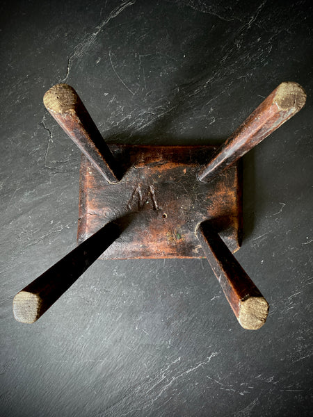 Rare Antique Late 18th - Early 19th Century Candle Stool With Carved Apotropaic Marian Mark - Source Vintage
