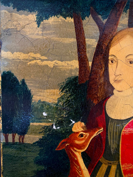 Naive Folk Art Oil Painting Child Holding A Deer By Leslie Stafford (1949–2024)