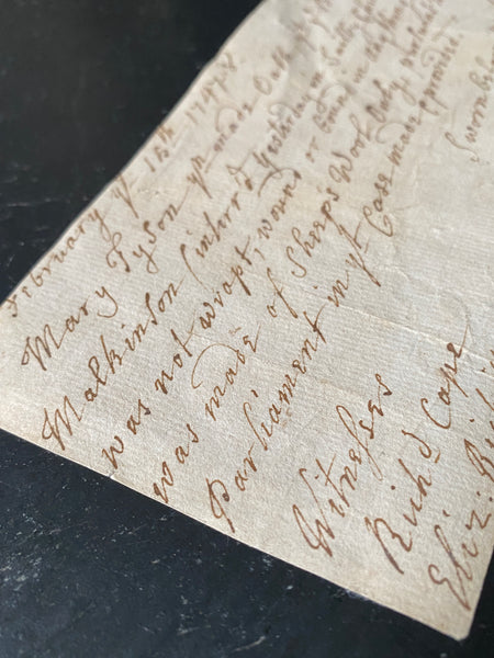 Rare Antique 18th Century Handwritten Sworn Statement Concerning The Body Of A Martin Mackinson & The Burying In Woollen Act