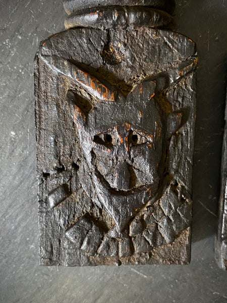 Rare Pair Antique 16th Century Carved Oak Pilasters With Skulls, Devils And Demons From A Bizarre Sideboard From The East Anglia Region - Source Vintage