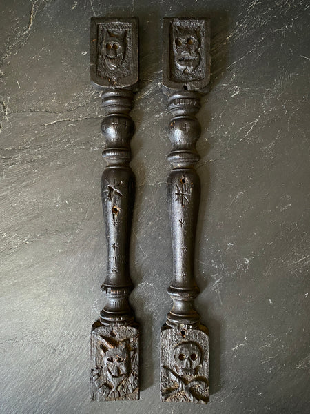 Rare Pair Antique 16th Century Carved Oak Pilasters With Skulls, Devils And Demons From A Bizarre Sideboard From The East Anglia Region - Source Vintage