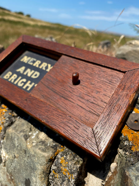 Bizarre Vintage Folk Art Sliding Sign “Merry And Bright” / “Mouldy”