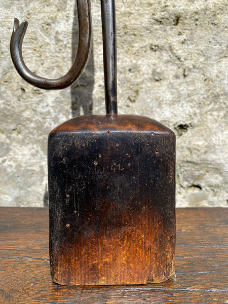 Substantial Wrought Iron Curiosity Treen Base Engraved With Cross & Latin Phrase - Source Vintage
