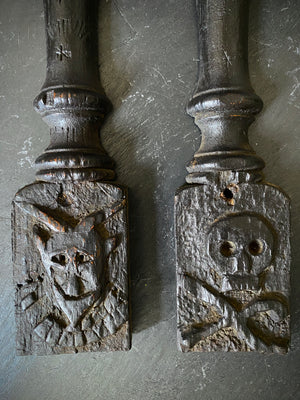Rare Pair Antique 16th Century Carved Oak Pilasters With Skulls, Devils And Demons From A Bizarre Sideboard From The East Anglia Region