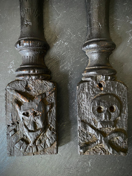 Rare Pair Antique 16th Century Carved Oak Pilasters With Skulls, Devils And Demons From A Bizarre Sideboard From The East Anglia Region - Source Vintage
