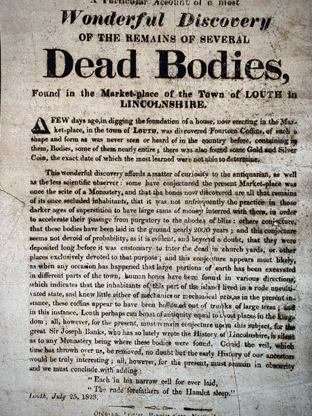 Rare 1823 Broadside – Discovery of Human Remains in Louth Marketplace