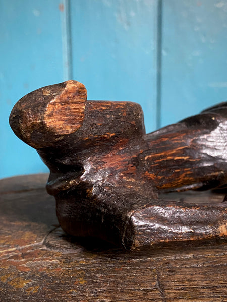 Pair Charming Antique 17th Century Oak Hounds In Recumbent Poses With Naive Grimacing Faces