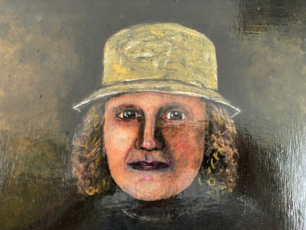 Vintage Naive Folk Art Portrait Painting Oil On Board By Ian. W. Edwards 1947-2024 - Source Vintage