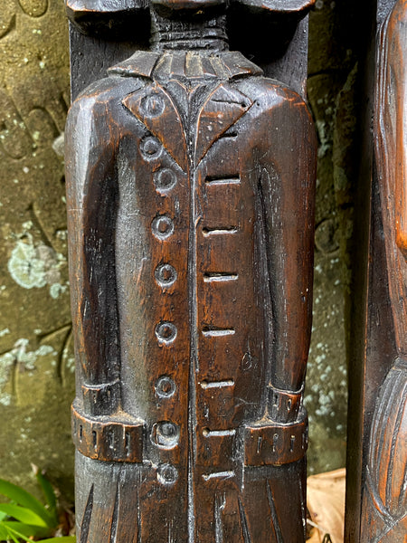 Utterly Charming Pair Antique Folky Carved Wooden Caryatid Figures