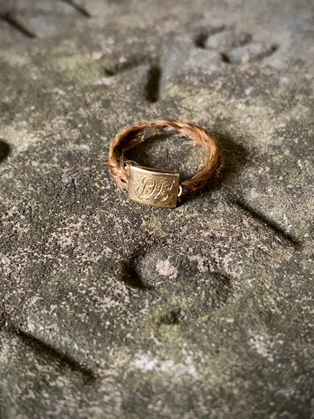 Antique 19th Century Mourning Hair Ring With Gold Name Plate Initialled & Dated 1832 - Source Vintage