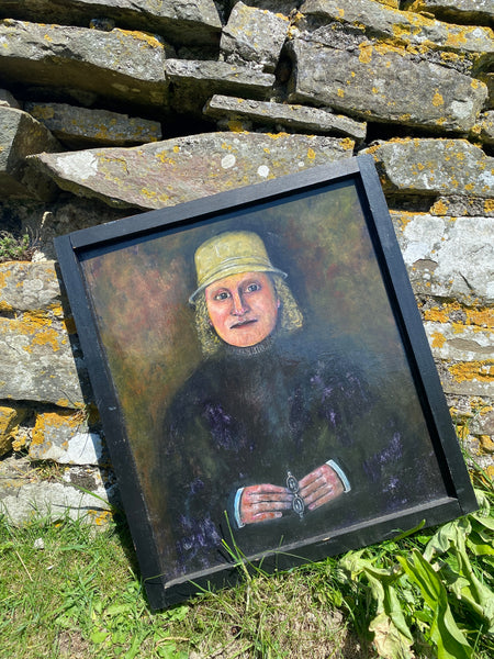 Vintage Naive Folk Art Portrait Painting Oil On Board By Ian. W. Edwards 1947-2024 - Source Vintage