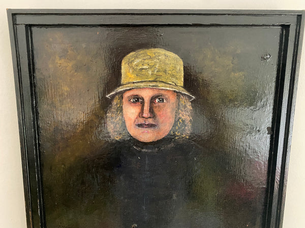Vintage Naive Folk Art Portrait Painting Oil On Board By Ian. W. Edwards 1947-2024 - Source Vintage