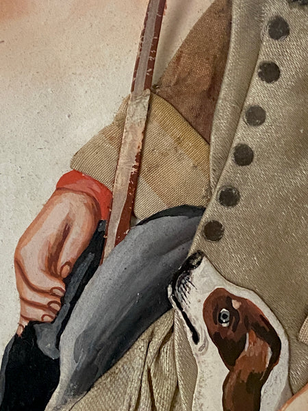 Antique Georgian Late 18th Century Folk Art Collage & Gouache Painting of English Gamekeeper & His Dog