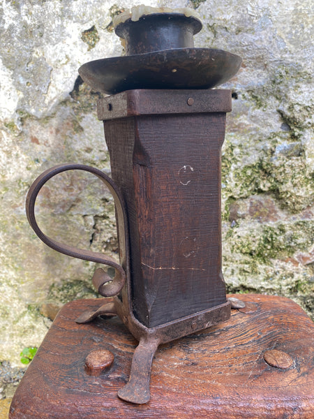 Unusual Antique French 19th Century Rustic Oak & Wrought Iron Candle Holder - Source Vintage
