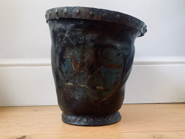 *RESERVED* Antique 18th Century Leather Fire Bucket With Folk Art Painting - Source Vintage