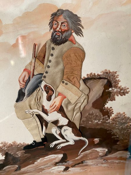 Antique Georgian Late 18th Century Folk Art Collage & Gouache Painting of English Gamekeeper & His Dog