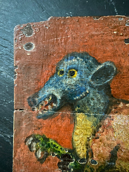 Curious Antique 18th - Early 19th Century Folk Art Painting On Board Of A Medieval Beast - Source Vintage