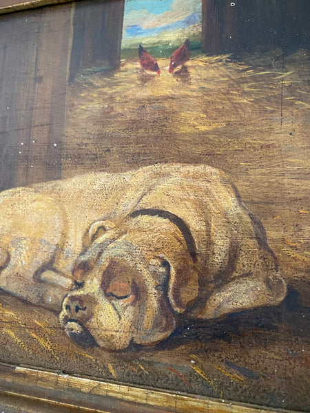 *RESERVED FOR MARYANNE* (Payment 2) Antique Early 20th Century Oil On Board Painting Of A Sleeping Farm Dog