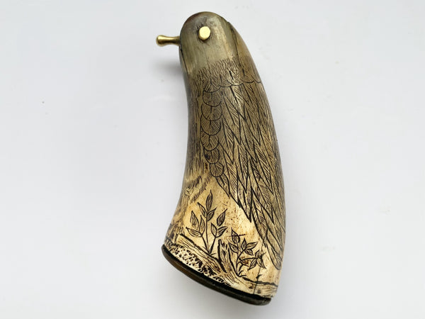 Antique 19th Century Carved Horn Game Keeper’s Snuff Mull With Swivel Dispenser Folk Art Bird Design - Source Vintage