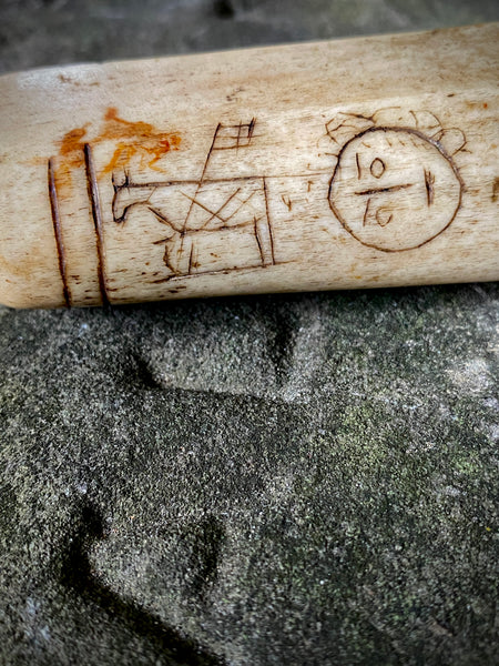 Antique 19th Century Carved Bone/Antler Sailor Folk Art Seam Rubber With An Array Of Symbolic Graffiti