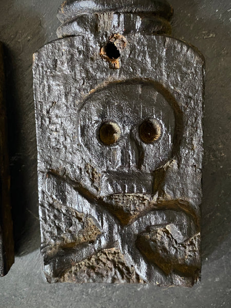 Rare Pair Antique 16th Century Carved Oak Pilasters With Skulls, Devils And Demons From A Bizarre Sideboard From The East Anglia Region - Source Vintage