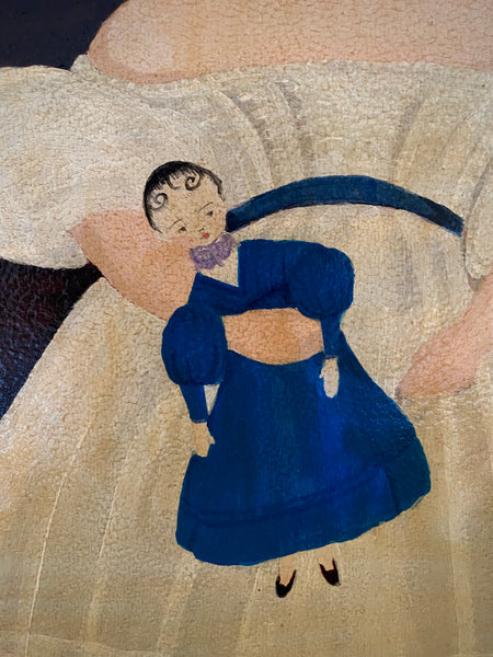 Naive Folk Art Oil Painting Child Holding A Doll By Leslie Stafford (1949–2024) - Source Vintage