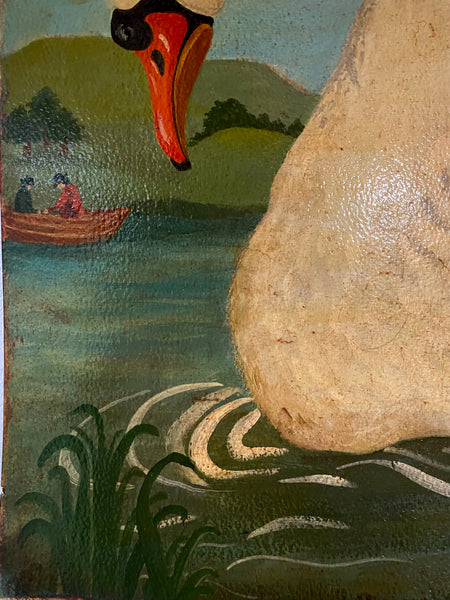 Naive Folk Art Oil Painting Swan By Leslie Stafford (1949–2024)