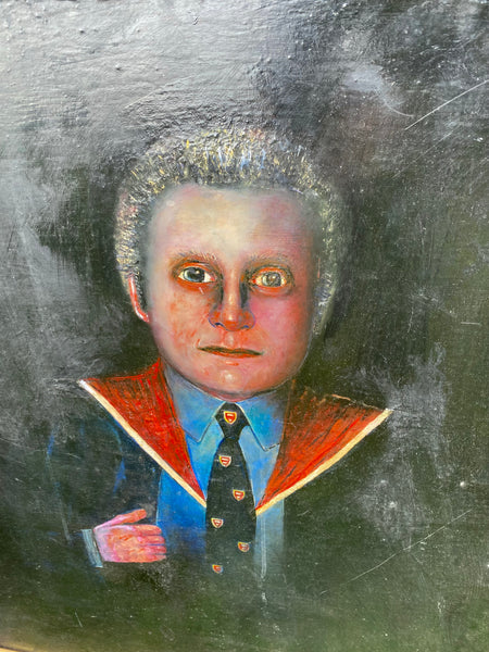 Vintage Naive Folk Art Portrait Painting Oil On Board By Ian. W. Edwards 1947-2024 - Source Vintage