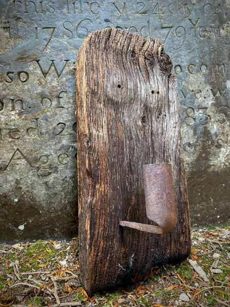 Primitive Antique 18th Century Wrought Iron Wall Spike Candle Holder Stabbed Into A Piece Of Wood
