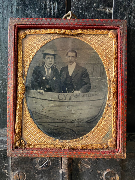 Unusual Antique 19th Century Tintype Portrait Of A Couple Behind A Boat Prop - Source Vintage