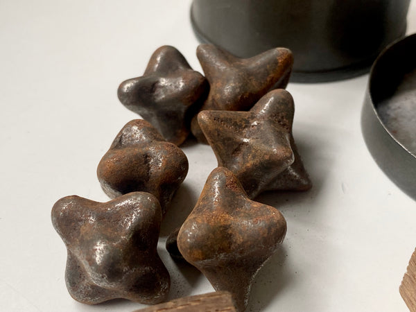 Curious Collection Of Antique Military Caltrop Crow's Feet, 3 x Homemade Dice & A Tin c.1860 - Source Vintage