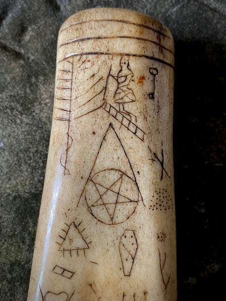 Antique 19th Century Carved Bone/Antler Sailor Folk Art Seam Rubber With An Array Of Symbolic Graffiti