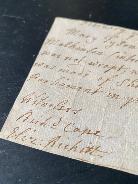Rare Antique 18th Century Handwritten Sworn Statement Concerning The Body Of A Martin Mackinson & The Burying In Woollen Act