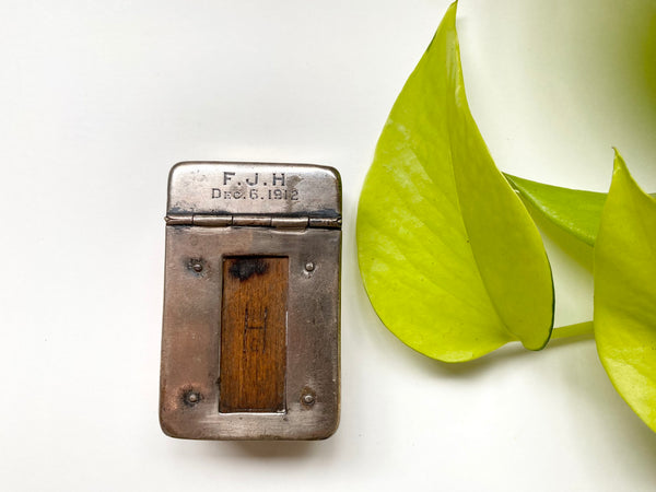 Antique WW1 Make Do Silver Vesta Case With Modified Wood Debris Fragment Inserted By A Soldier As A Memento Of A Bombing They Survived - Source Vintage