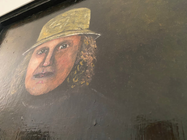 Vintage Naive Folk Art Portrait Painting Oil On Board By Ian. W. Edwards 1947-2024 - Source Vintage