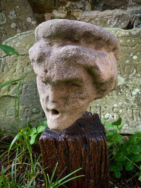 Disturbing Antique Stone Carving Of A Hag / Witch / Ghost Like Entity On A Later Wooden Base - Source Vintage