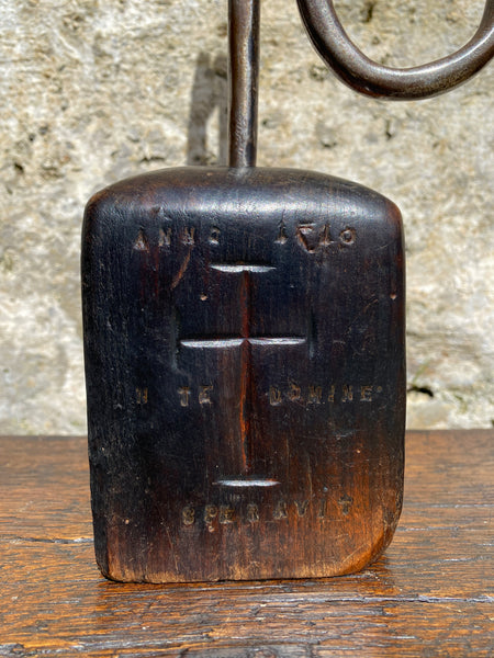 Substantial Wrought Iron Curiosity Treen Base Engraved With Cross & Latin Phrase - Source Vintage