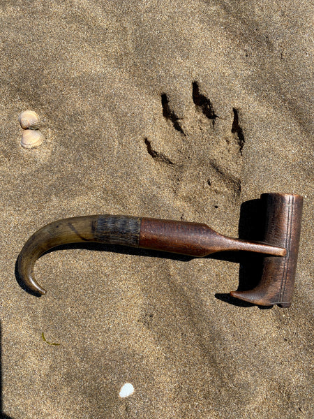 Antique 19th Century Novelty Folk Art Carved Treen & Horn Boot Hook