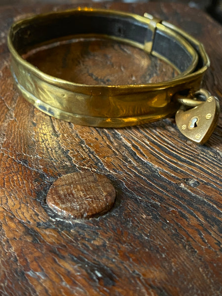 Antique 19th Century Brass & Leather Monkey Collar With Padlock - Source Vintage