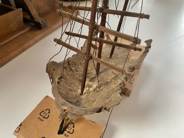 **RESERVED FOR MEGAN** Rare Antique Scratch Built Sailor Folk Art Ship Made From A Bird’s Breast Bone - Source Vintage