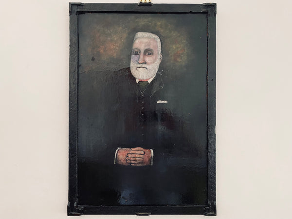 Vintage Naive Folk Art Portrait Painting Oil On Board By Ian. W. Edwards 1947-2024 - Source Vintage