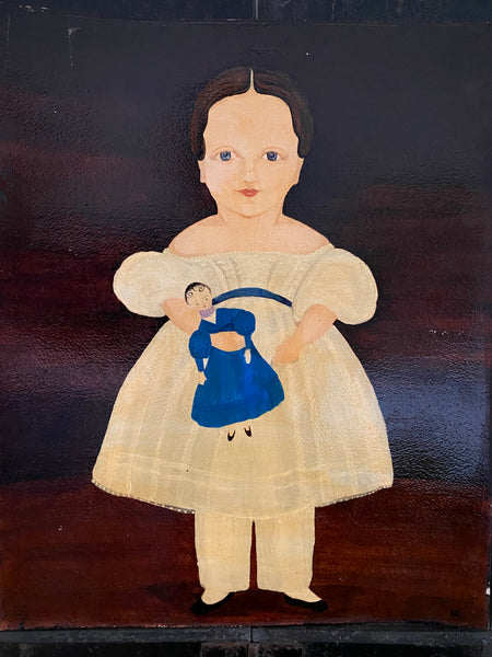 Naive Folk Art Oil Painting Child Holding A Doll By Leslie Stafford (1949–2024) - Source Vintage