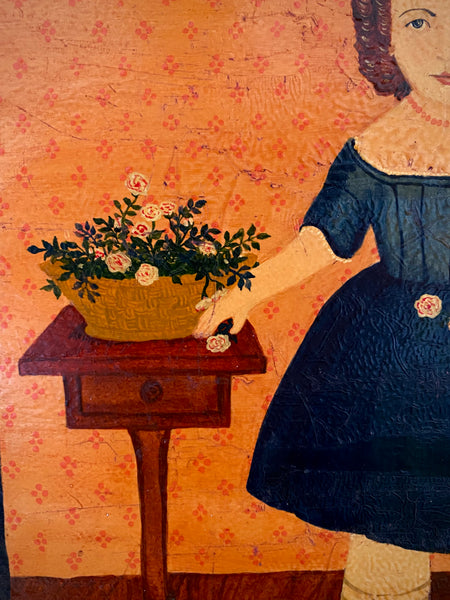 Naive Folk Art Oil Painting Girl With Flowers By Leslie Stafford (1949–2024) - Source Vintage