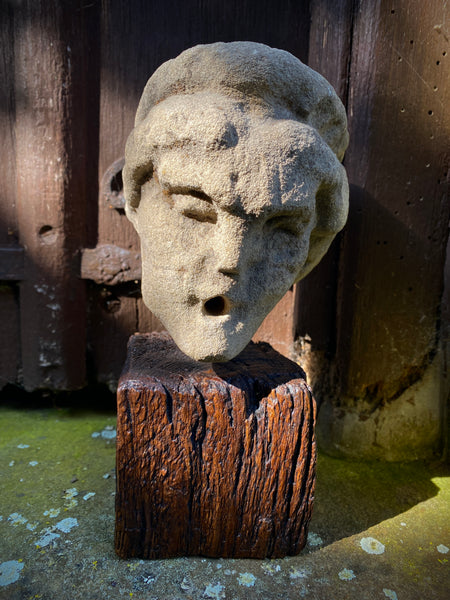 Disturbing Antique Stone Carving Of A Hag / Witch / Ghost Like Entity On A Later Wooden Base - Source Vintage